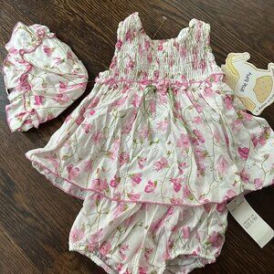 Little Bitty 3 Piece Set, Pink and Ivory Flower Dress 6-9M